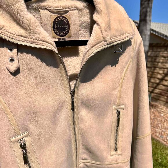 Giacca Gallery Vintage Faux Fur Suede Jacket Beige Cream Moto Womens Size Small - Picture 6 of 7